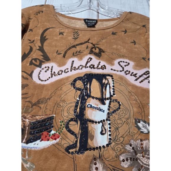 Raakhee Shirt Womens Large Brown Chocolate Souffle Sequin Floral Graphic India - Picture 2 of 8